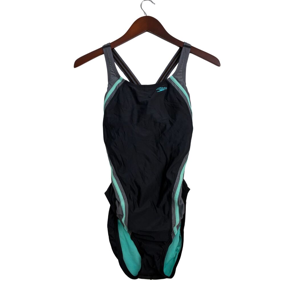 Speedo PowerFLEX Eco Womens Size 10 One Piece Swimsuit Black Aqua Racerback